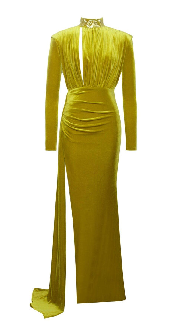 AIIZIE ZENAIDA GOLD CUTOUT HIGH SLIT VELVET GOWN - product image