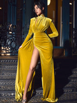 Zenaida Gold Cutout High Slit Velvet Gown