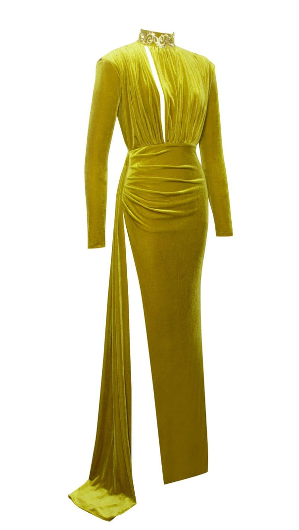 AIIZIE ZENAIDA GOLD CUTOUT HIGH SLIT VELVET GOWN - product image