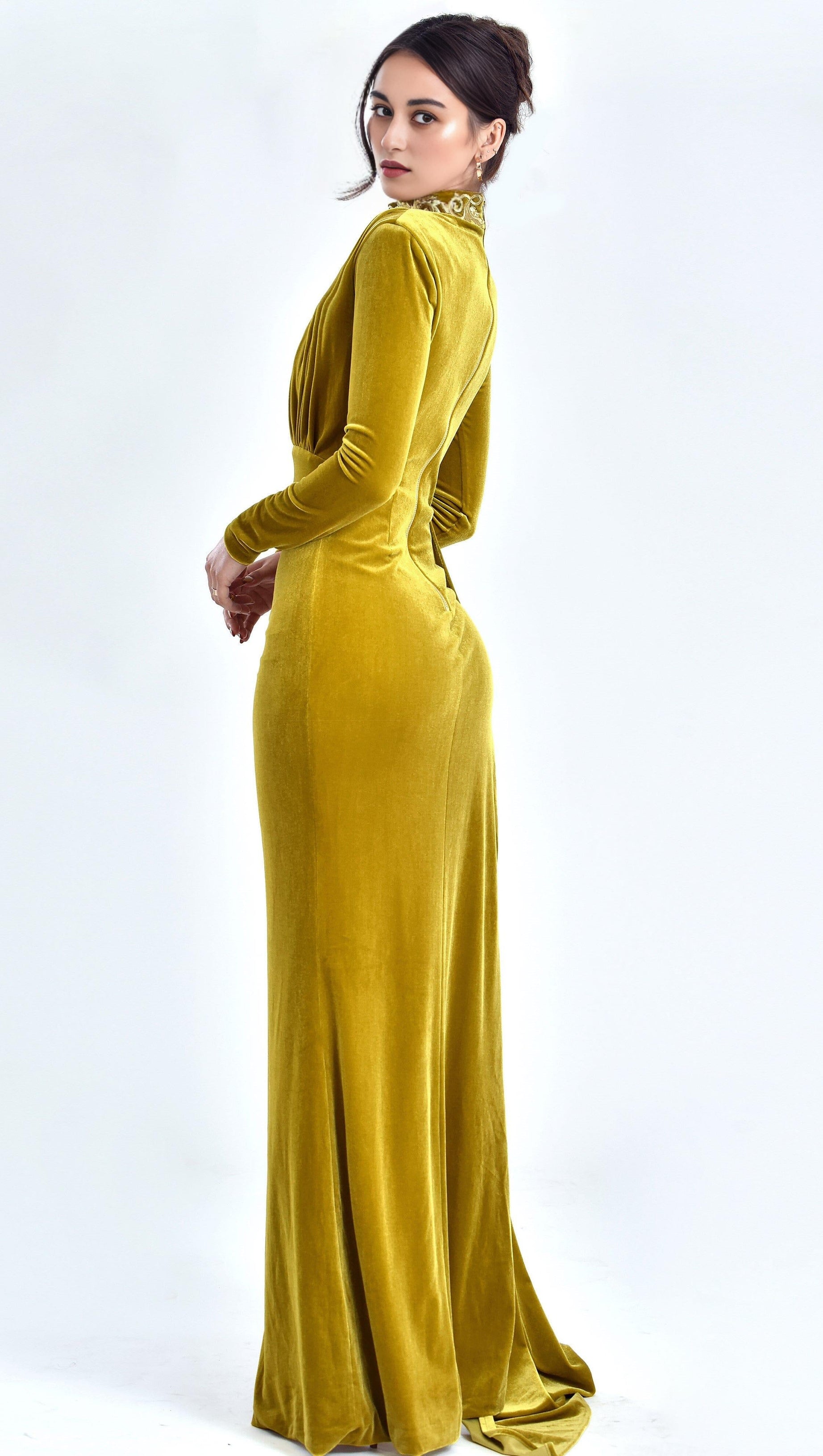 ZENAIDA GOLD CUTOUT HIGH SLIT VELVET GOWN