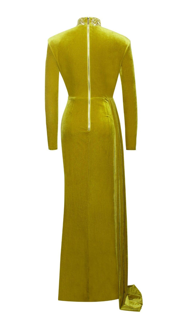 AIIZIE ZENAIDA GOLD CUTOUT HIGH SLIT VELVET GOWN - product image