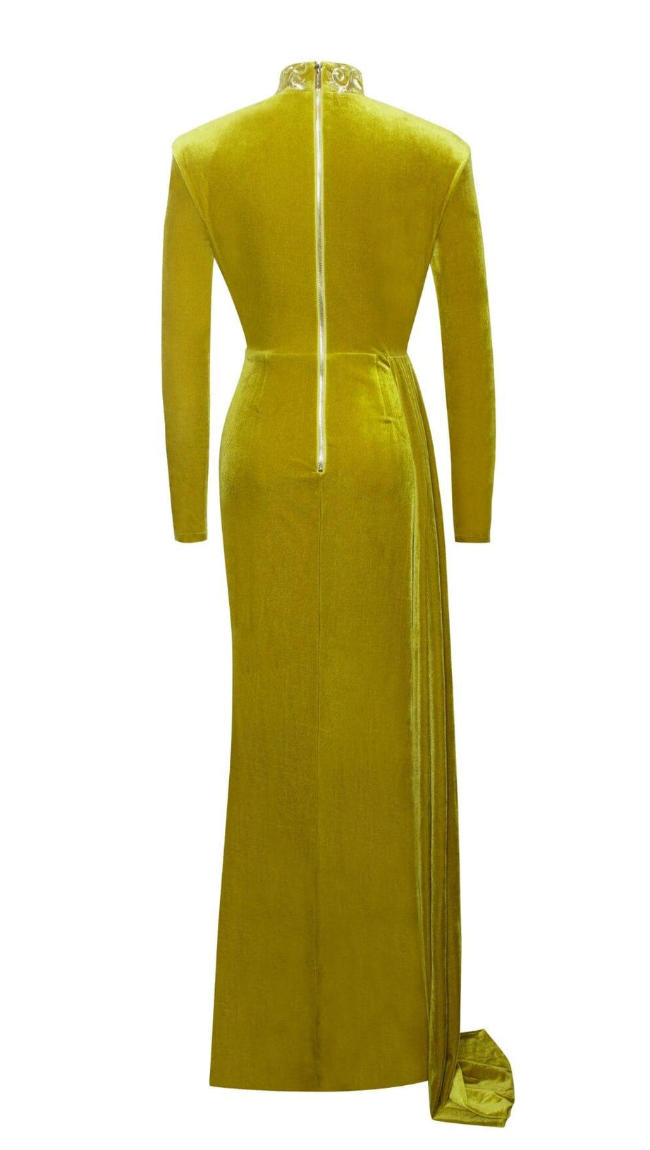 ZENAIDA GOLD CUTOUT HIGH SLIT VELVET GOWN