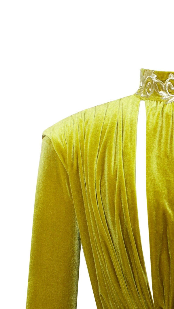 AIIZIE ZENAIDA GOLD CUTOUT HIGH SLIT VELVET GOWN - product image