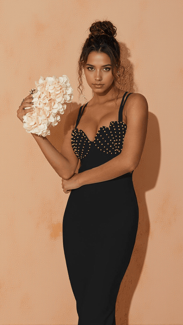 Coretta Pearl Coutout Bandage Dress in Black