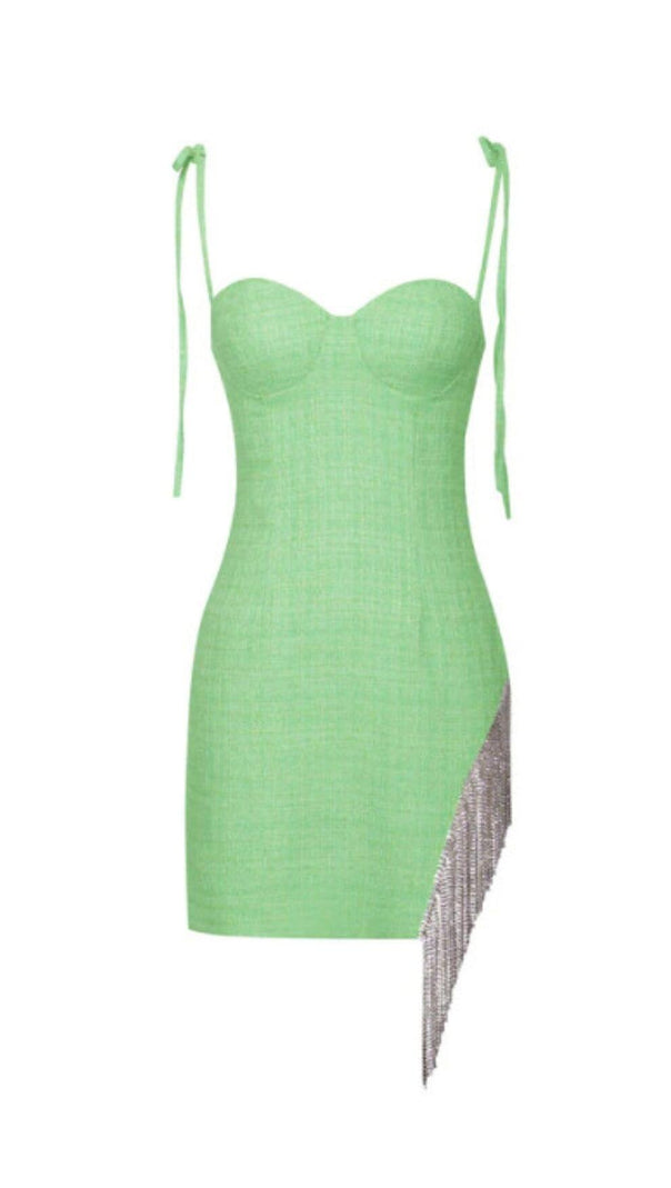AIIZIE ROSIE GREEN TWEED CRYSTAL FRINGE DRESS - product image