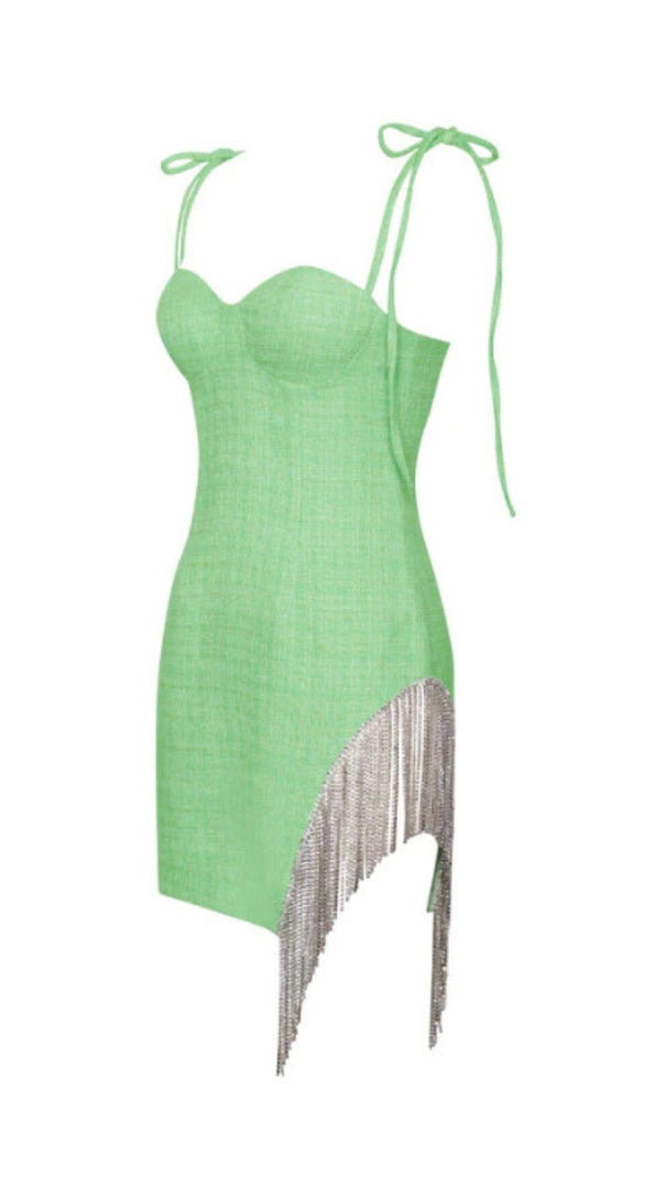 AIIZIE ROSIE GREEN TWEED CRYSTAL FRINGE DRESS - product image