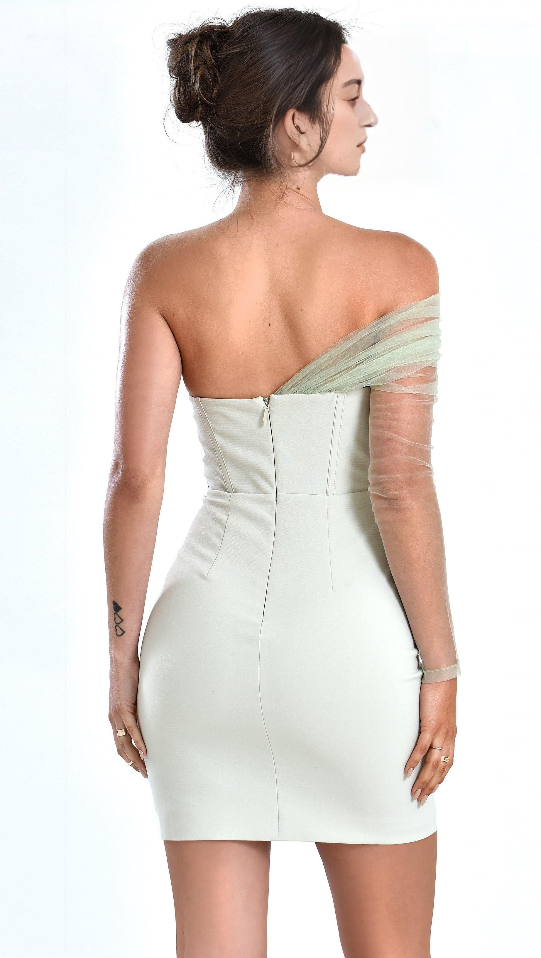 ABITO CORSETTO IN CREPE CON MANICHE A MAGLIA TRASPARENTE UMA MENTA