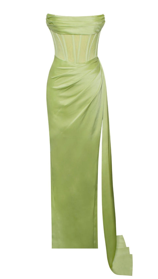 AIIZIE PRISA LIME HIGH SLIT SATIN CORSET GOWN - product image