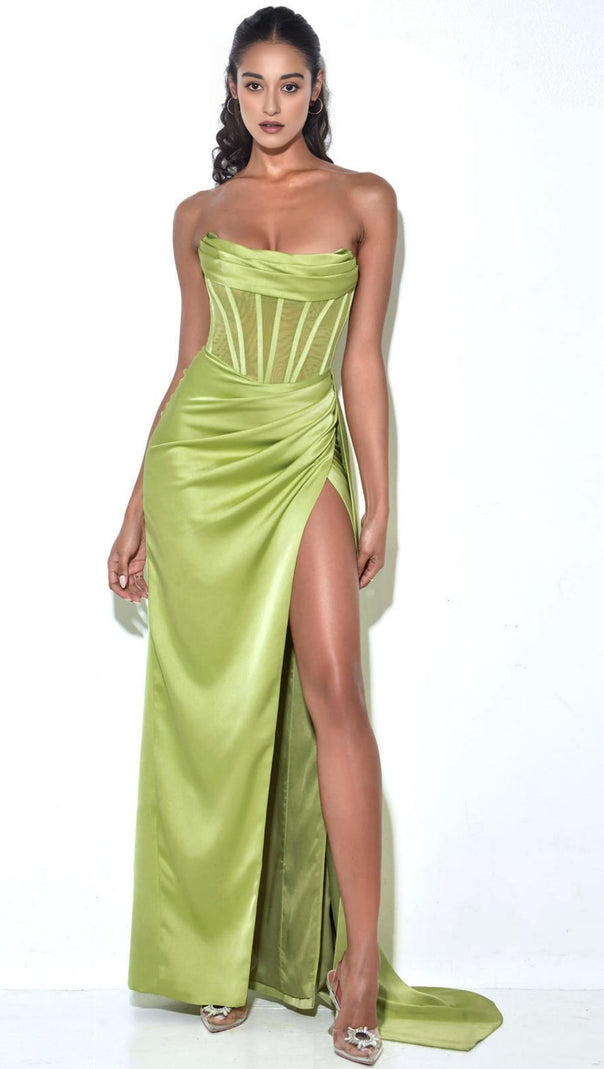AIIZIE PRISA LIME HIGH SLIT SATIN CORSET GOWN - product image