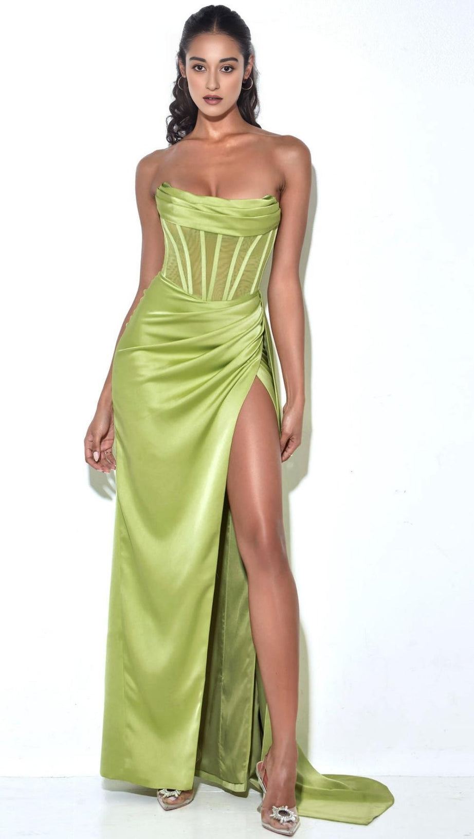 PRISA LIME HIGH SLIT SATIN CORSET GOWN