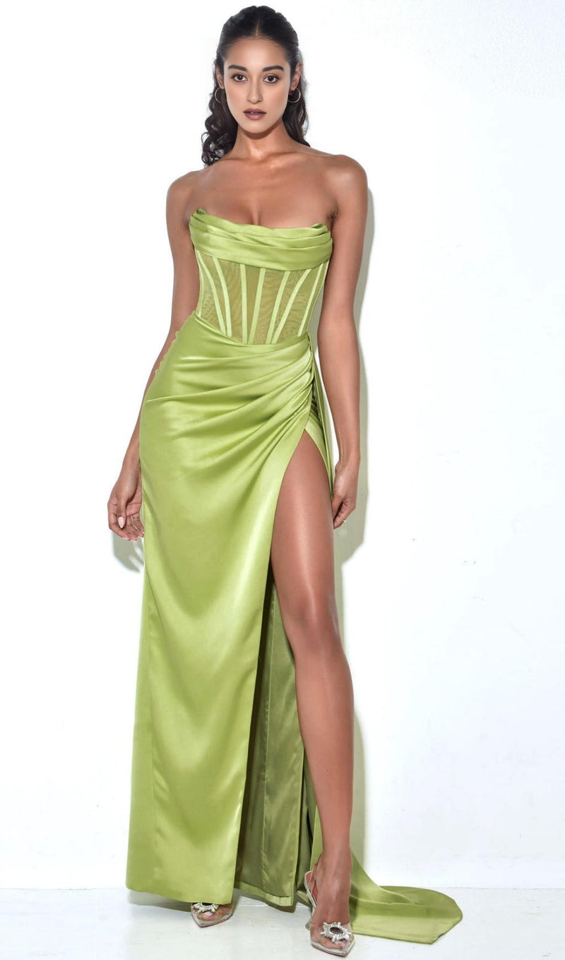 PRISA LIME HIGH SLIT SATIN CORSET GOWN