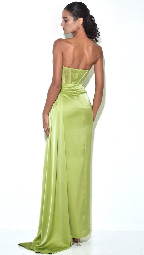 PRISA LIME HIGH SLIT SATIN CORSET GOWN