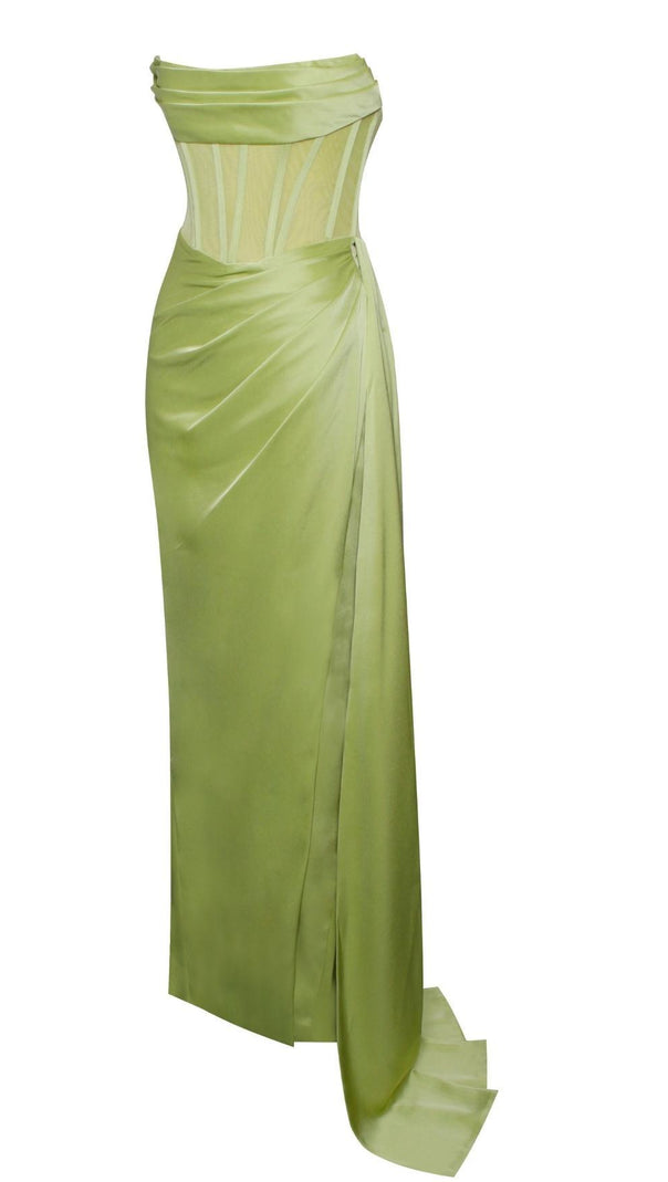 AIIZIE PRISA LIME HIGH SLIT SATIN CORSET GOWN - product image