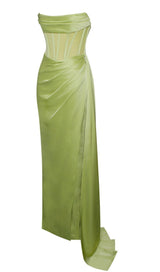 PRISA LIME HIGH SLIT SATIN CORSET GOWN