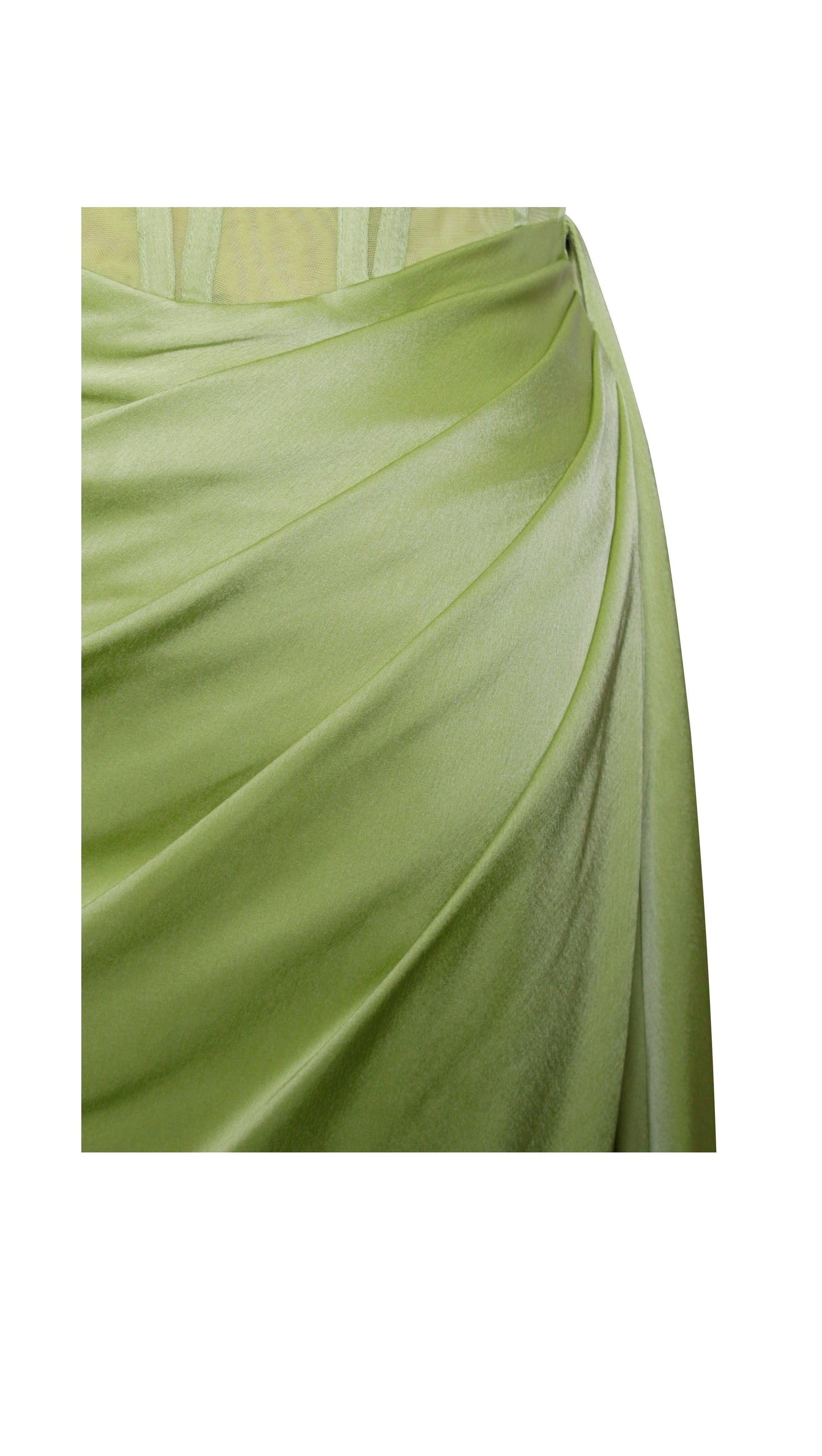 Prisa Lime High Slit Satin Corset Gown