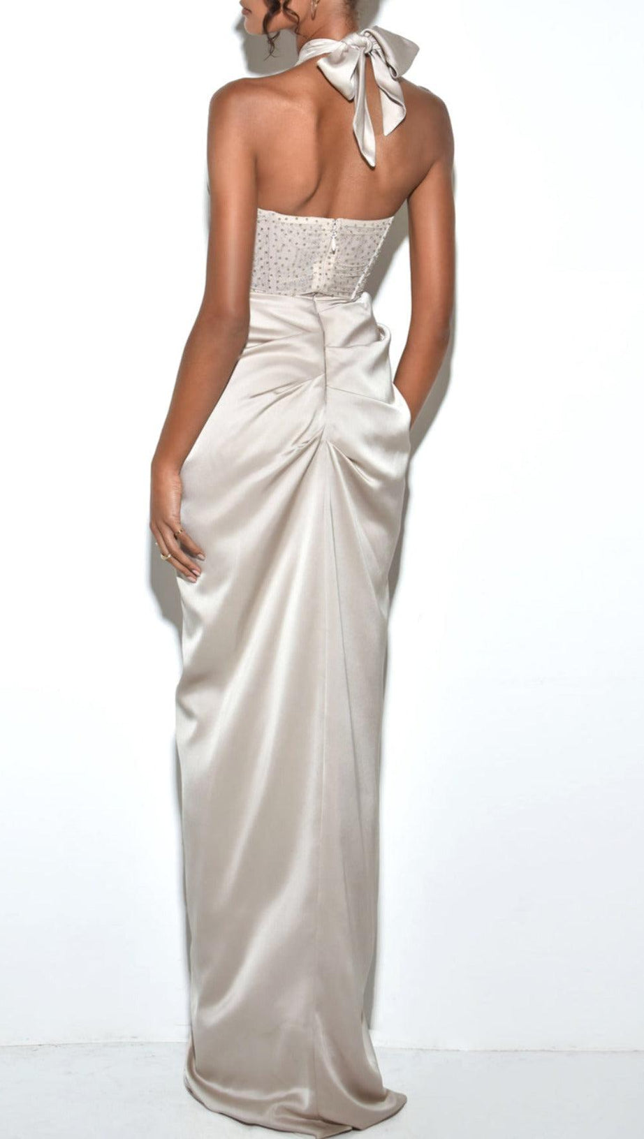 NOEMIE CHAMPAGNE CRYSTAL CORSET SATIN GOWN