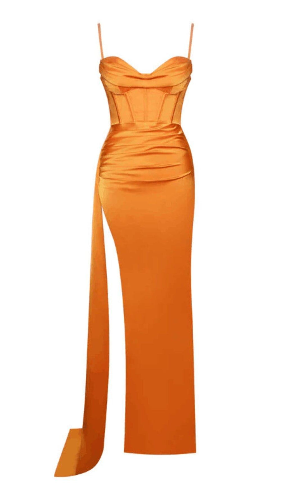 ELAYNA ORANGE SATIN-KORSETT-KLEID MIT TRÄGERN UND HOHEM SCHLITZ