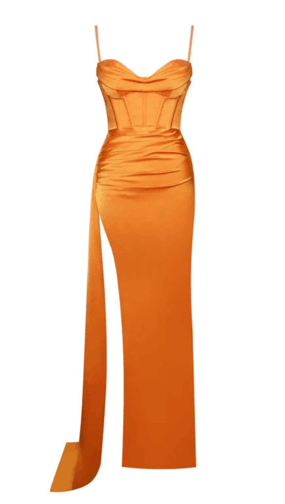 ELAYNA ORANGE SATIN-KORSETT-KLEID MIT TRÄGERN UND HOHEM SCHLITZ