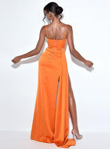 ELAYNA ORANGE STRAPPY SATIN CORSET HIGH SLIT GOWN