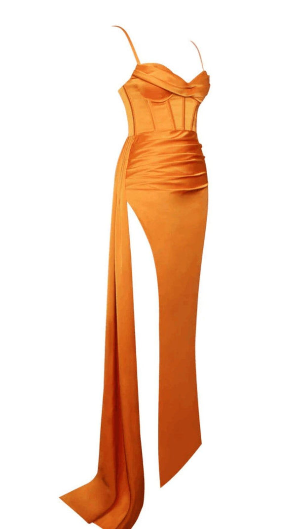 AIIZIE ELAYNA ORANGE STRAPPY SATIN CORSET HIGH SLIT GOWN - product image