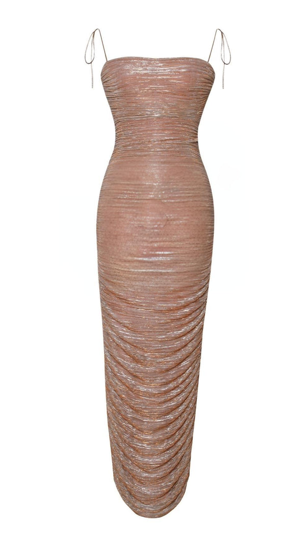 ABITO LUNGO IN CHIFFON RUCHES IN ORO ROSA GLINT