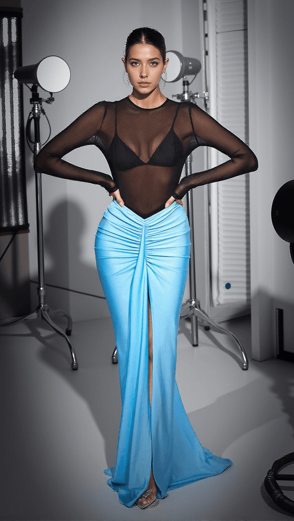 AIIZIE TYNDALL RUCHED SPLIT SATIN SKIRT SET IN SKY - product image