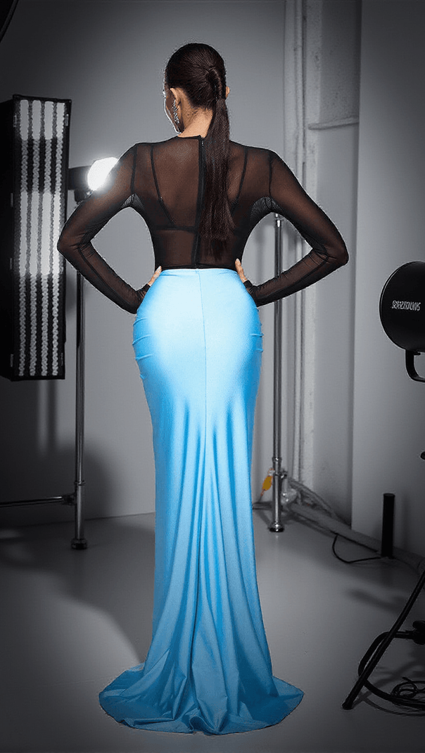 AIIZIE TYNDALL RUCHED SPLIT SATIN SKIRT SET IN SKY - product image