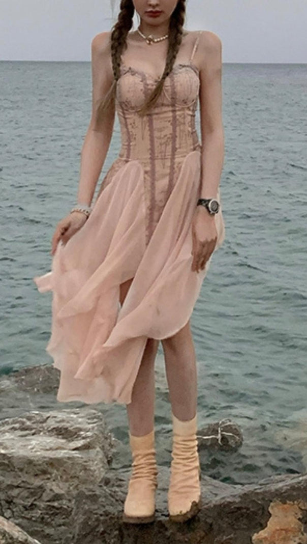 AIIZIE BANDAGE SATIN LACE MIDI DRESS IN PINK - product image