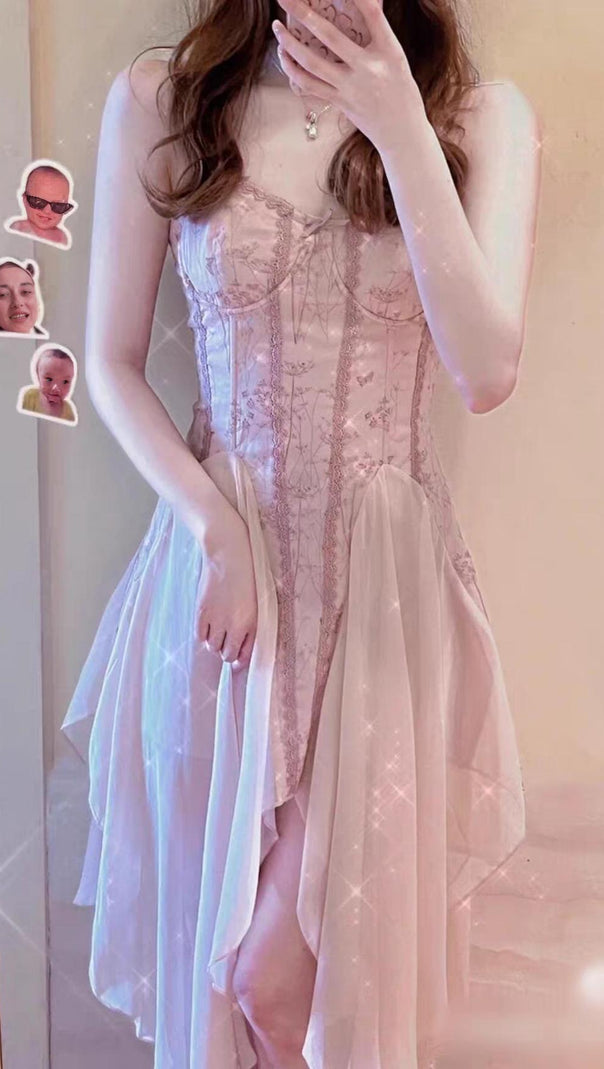 AIIZIE BANDAGE SATIN LACE MIDI DRESS IN PINK - product image