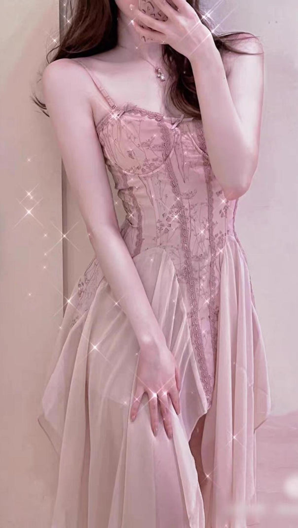 AIIZIE BANDAGE SATIN LACE MIDI DRESS IN PINK - product image