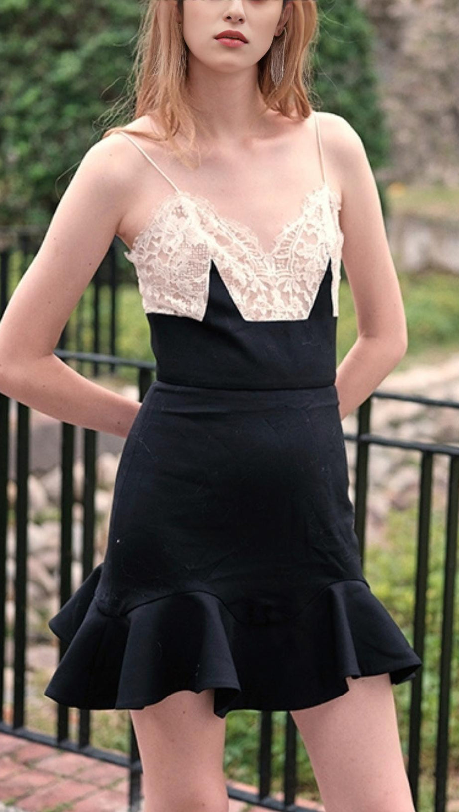 STRAP LACE V NECK MINI DRESS