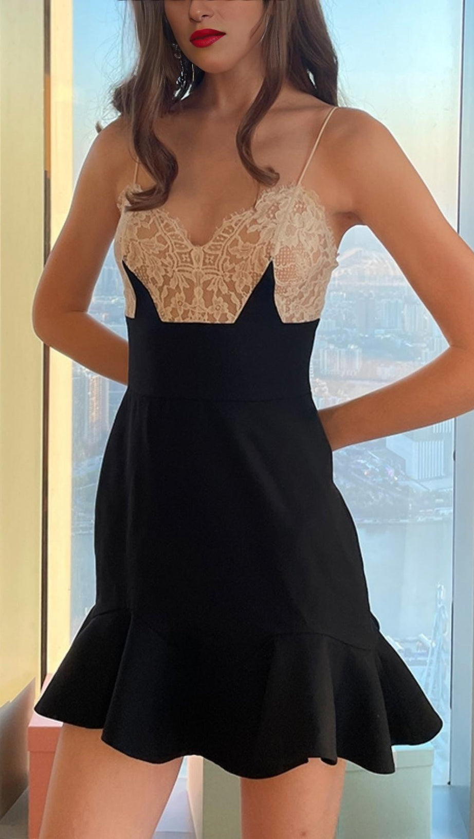 STRAP LACE V NECK MINI DRESS