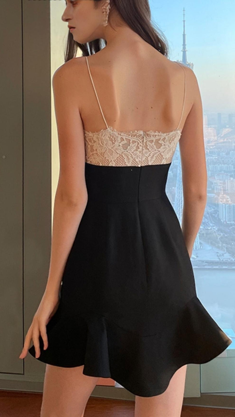 STRAP LACE V NECK MINI DRESS