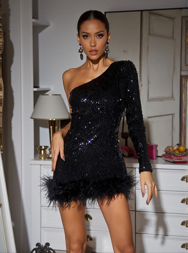 Romy One Shoulder Sequin Feather Mini Dress