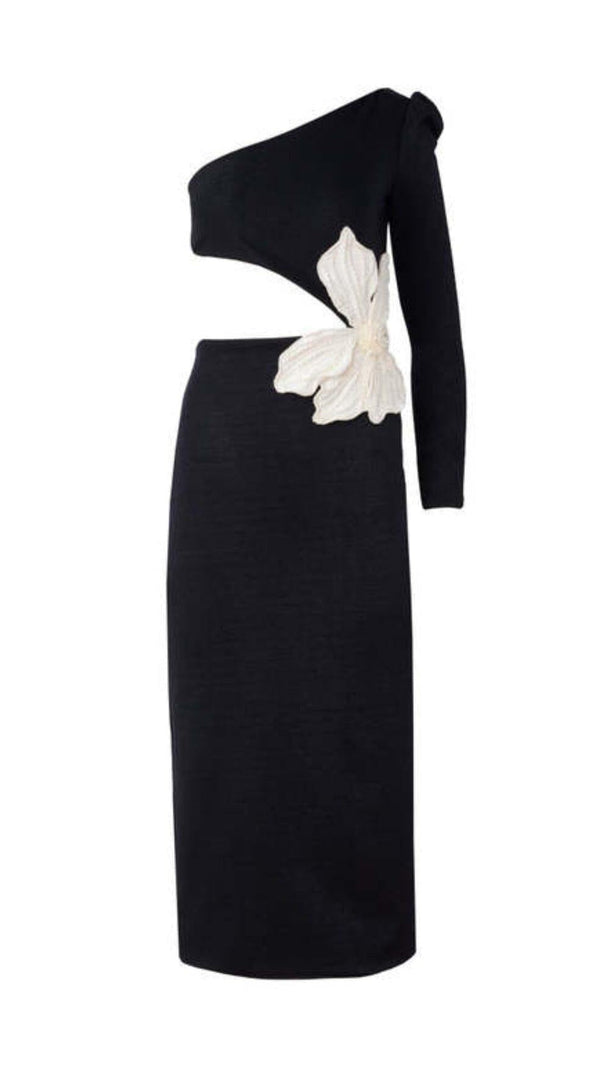 AIIZIE FLOWER APPLIQUE ONE SHOULDER MIDI DRESS IN BLACK - product image