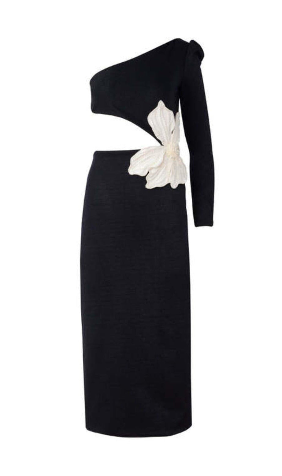 MIDIKLEID MIT BLUMENAPPLIKATION UND EINER SCHULTER IN SCHWARZ