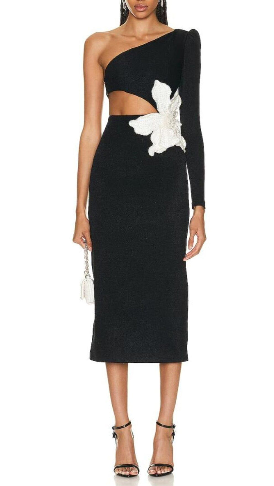 FLOWER APPLIQUE ONE SHOULDER MIDI DRESS  IN BLACK