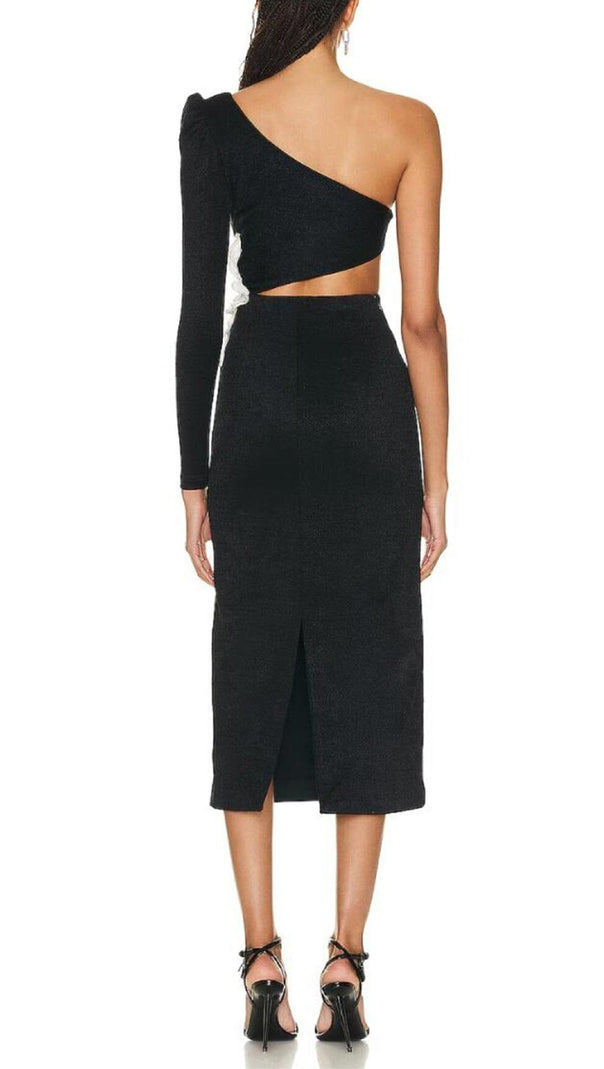 AIIZIE FLOWER APPLIQUE ONE SHOULDER MIDI DRESS IN BLACK - product image