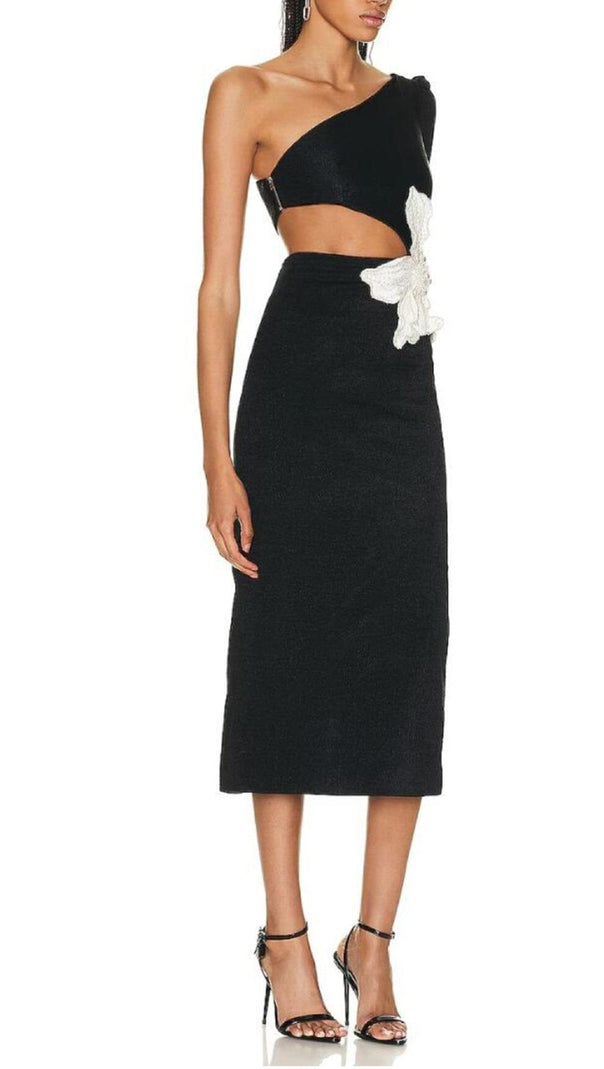 AIIZIE FLOWER APPLIQUE ONE SHOULDER MIDI DRESS IN BLACK - product image