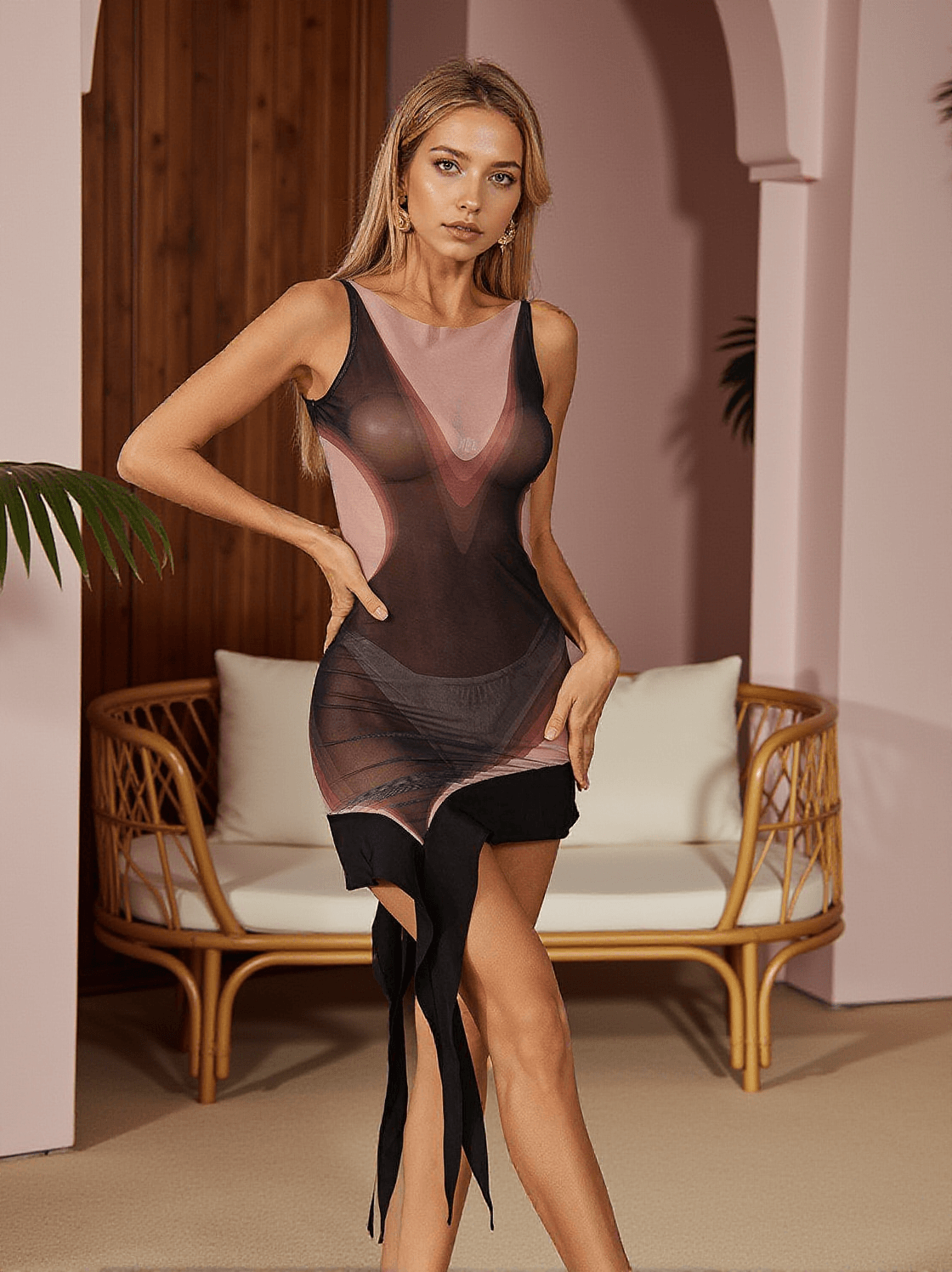 CELYN PRINTED RUFFLE MESH COVER UP DRESS