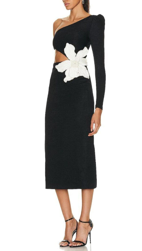 AIIZIE FLOWER APPLIQUE ONE SHOULDER MIDI DRESS IN BLACK - product image