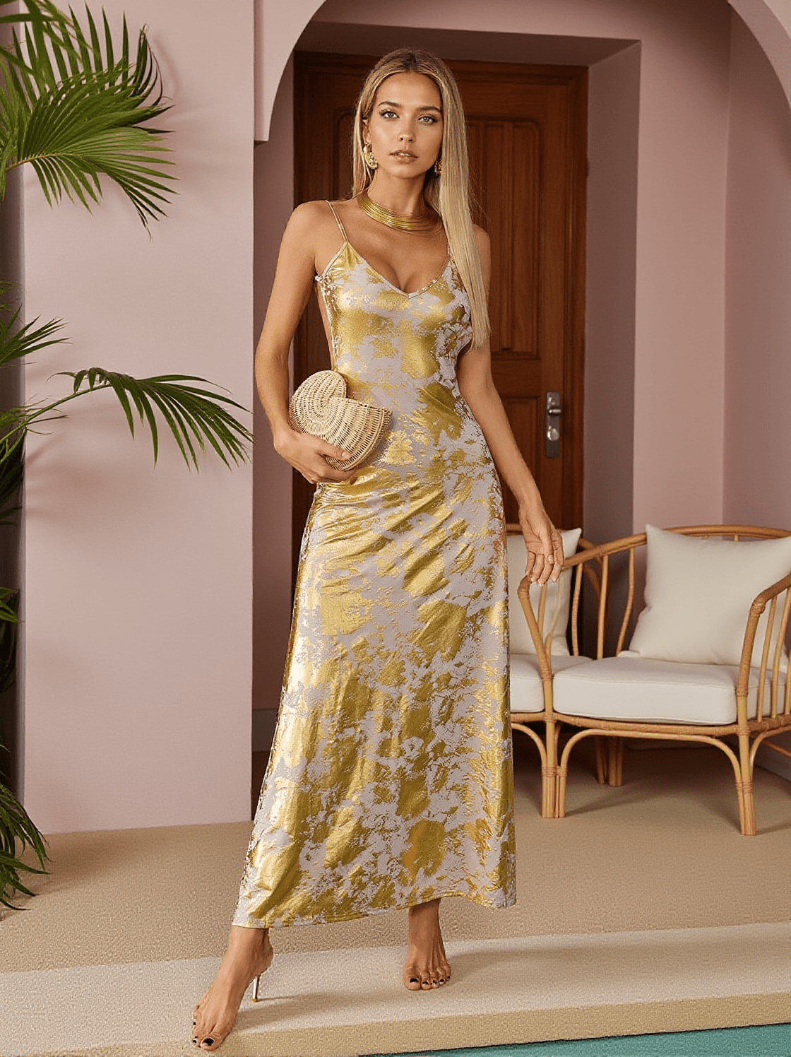 REMIEL BACKLESS MEATLLIC MAXI DRESS
