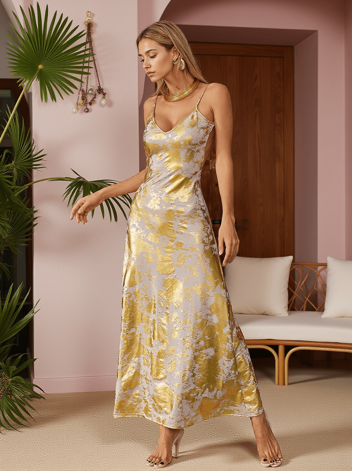 REMIEL BACKLESS MEATLLIC MAXI DRESS