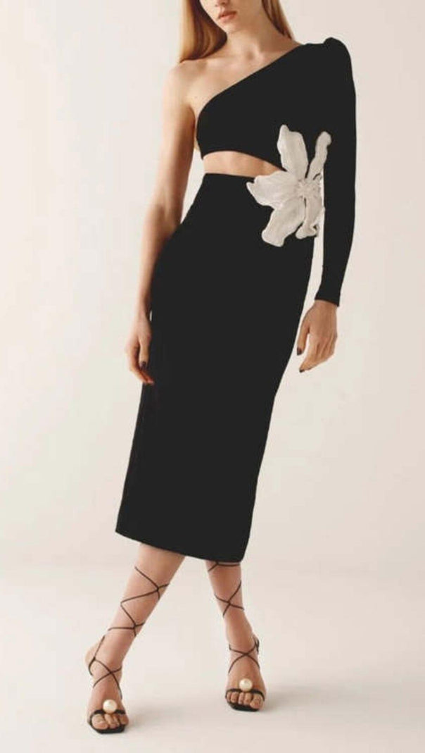 AIIZIE FLOWER APPLIQUE ONE SHOULDER MIDI DRESS IN BLACK - product image