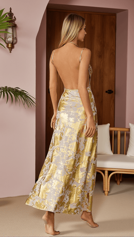 REMIEL BACKLESS MEATLLIC MAXI DRESS