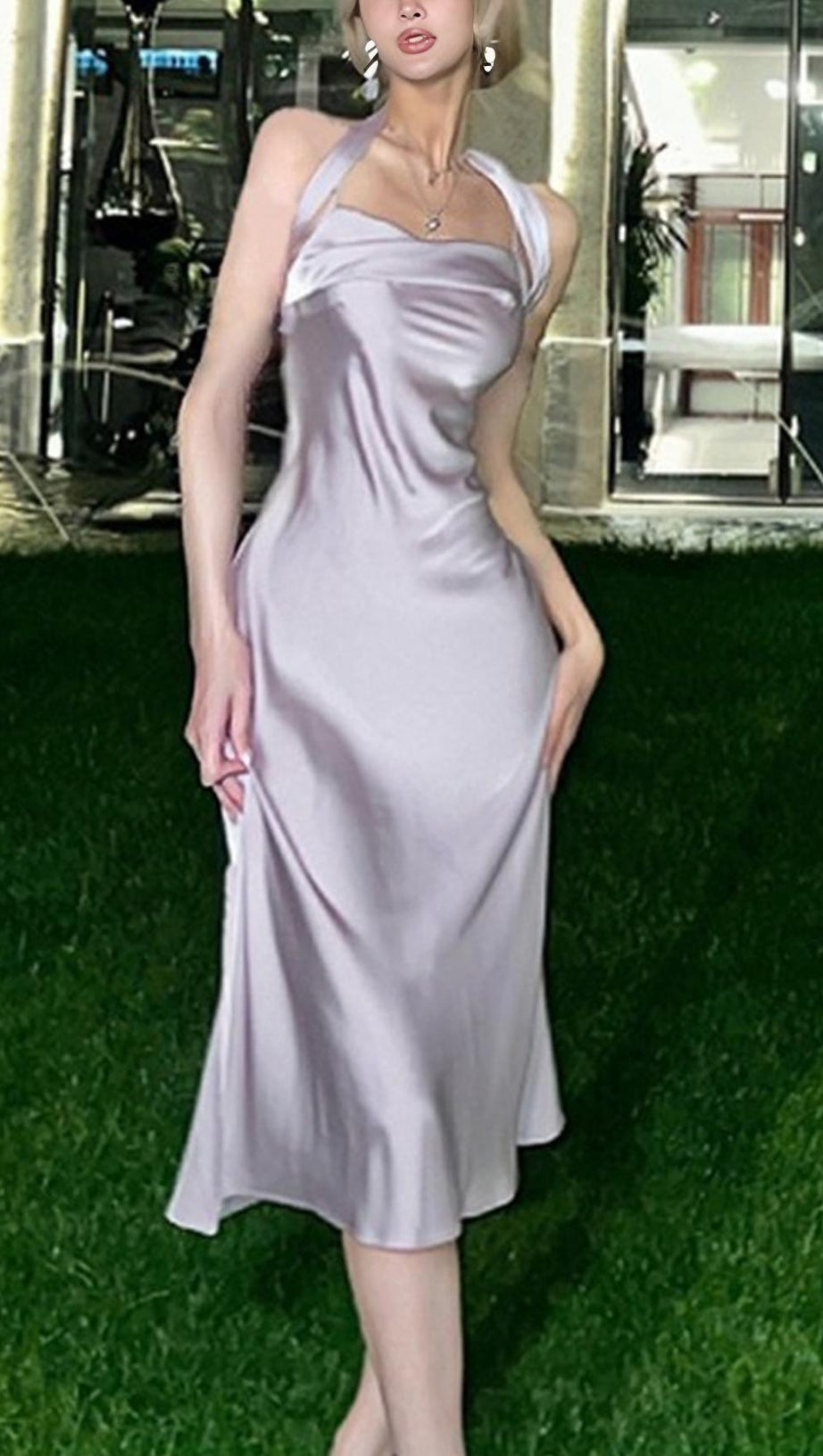 VIOLET SATIN STRAP MIDI DRESS