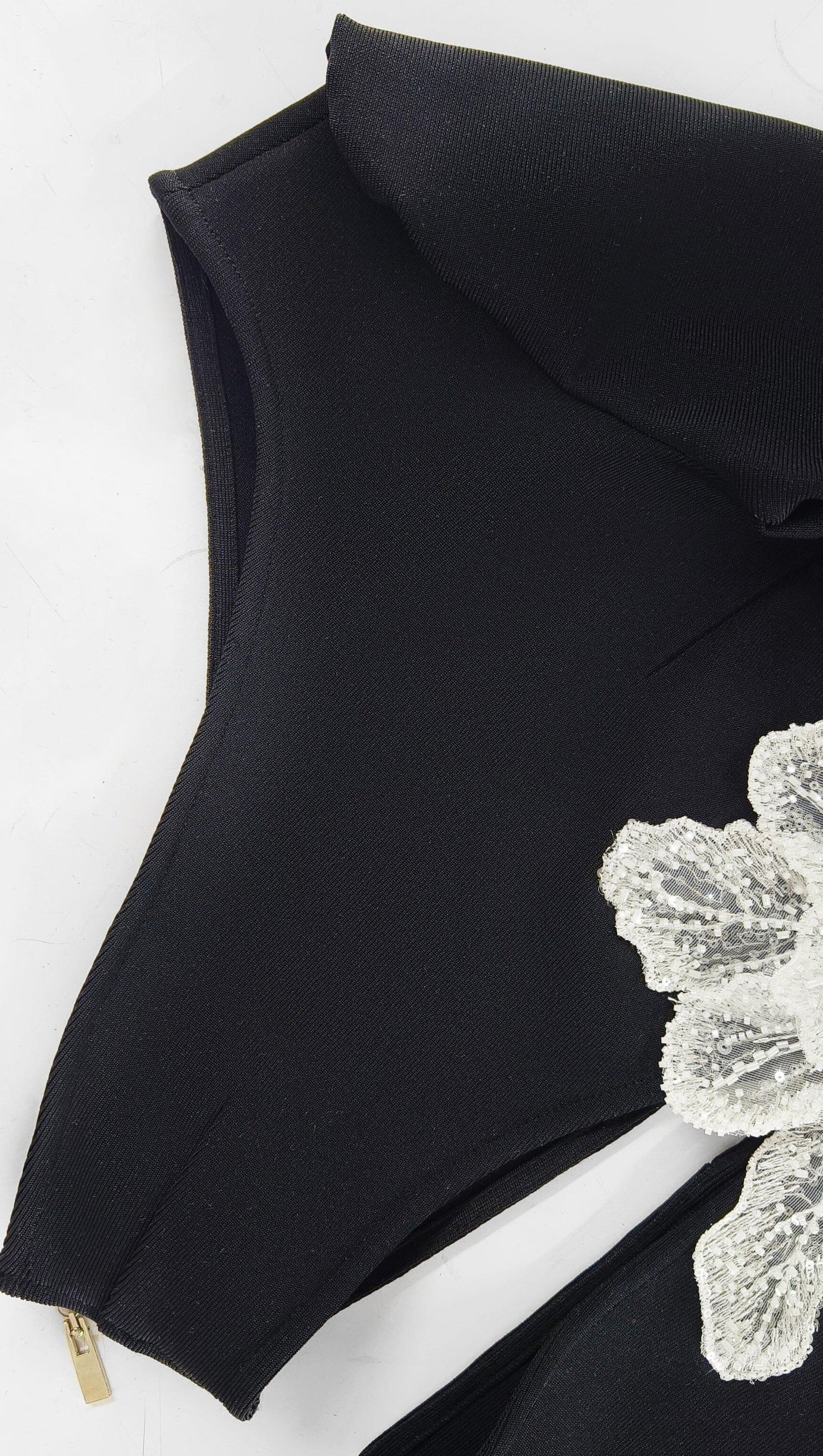 FLOWER APPLIQUE ONE SHOULDER MIDI DRESS  IN BLACK