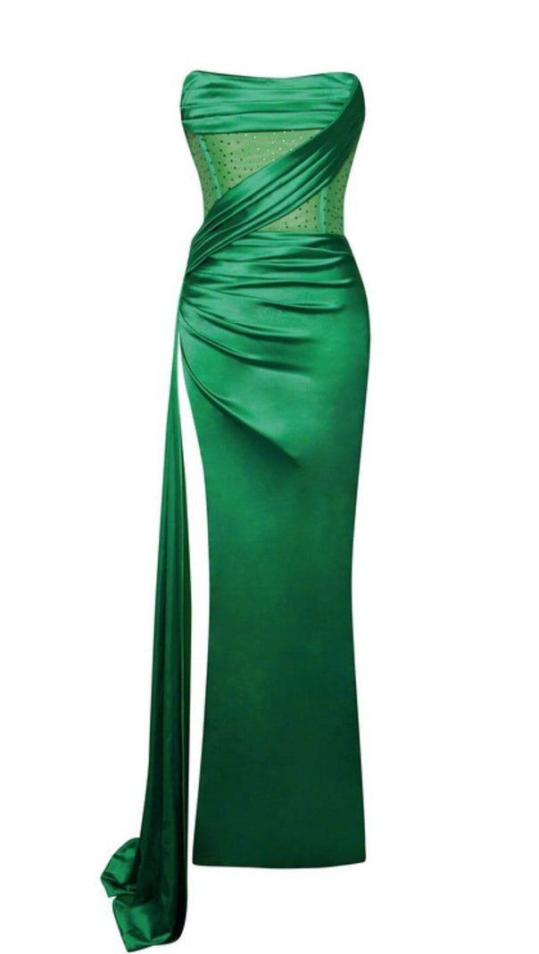 AIIZIE HOLLY GREEN CRYSTALLIZED CORSET HIGH SLIT SATIN GOWN - product image