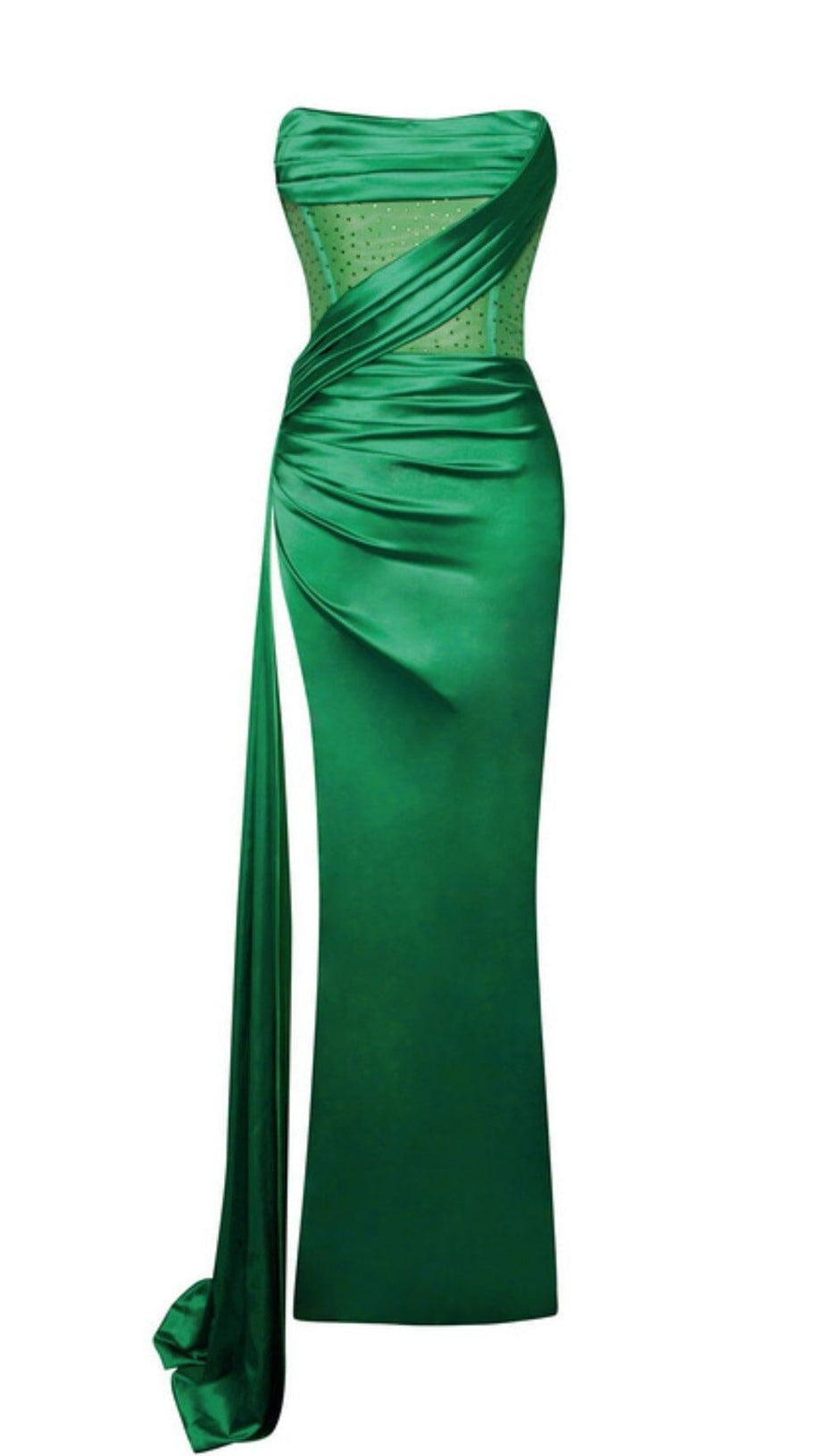 HOLLY GREEN CRYSTALLIZED CORSET HIGH SLIT SATIN GOWN