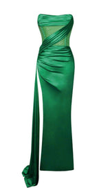 HOLLY GREEN CRYSTALLIZED CORSET HIGH SLIT SATIN GOWN